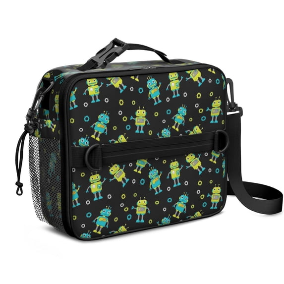 Robot and Gears Black Pattern Insulated Lunch Bag with Shoulder Strap and Bottle Holder,Bento School Lunch Bag Box,11x9.5x3.5 Inches