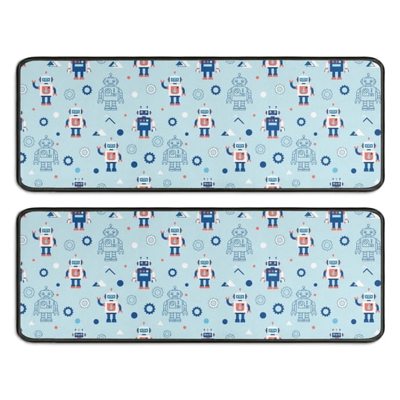 Robot and Gears Blue Pattern Anti Fatigue Kitchen Rugs Set Of 2, Non Slip Washable Decorative Floor Mats for Sink Laundry and Home Use, 17"x47"