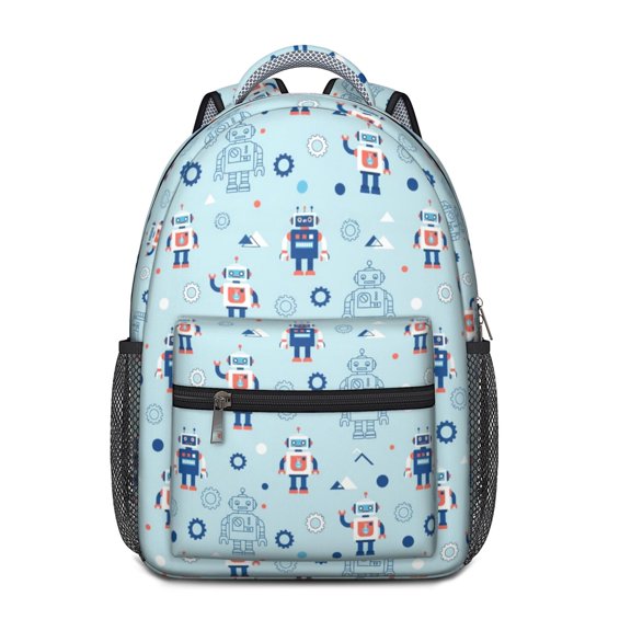 Robot and Gears Blue Pattern Backpack for School, Cute School Bag with Adjustable Shoulder Straps and Padded Back, 15.3"x11"x6.7"