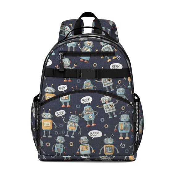 Robot and Gears Blue Pattern Cute School Backpack Bag for School with Padded Back and Adjustable Shoulder Straps 15.25"x11.5"x5.25"