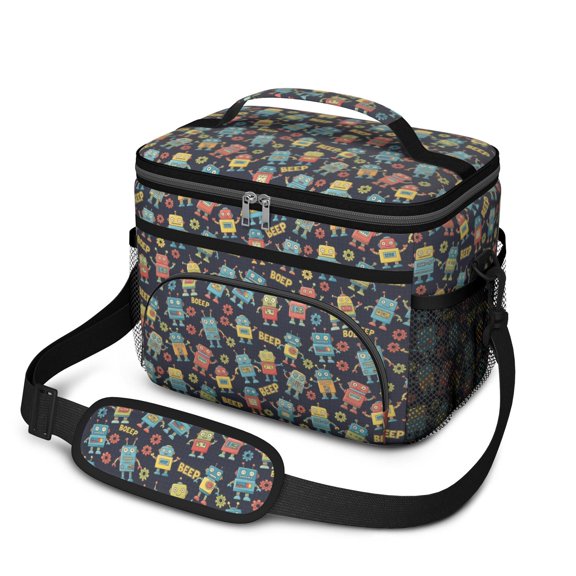 Robot and Gears Blue Pattern Insulated Lunch Box for Women Men, Medium Leakproof Cooler Bag with Adjustable Strap, 10"x6.7"x8"