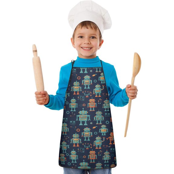 Robot and Gears Blue Pattern Teens Aprons, Adjustable Neck Strap, Toddler & Teens Aprons for Cooking & Baking, 19x23.6 Inches