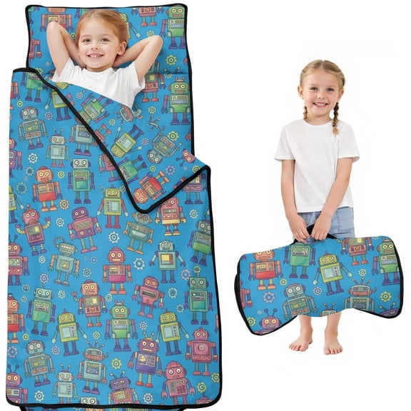 Robot and Gears Blue Pattern Teens Toddler Nap Mat with Pillow, Sleeping Mat Bag for Preschool Daycare 50"x20"