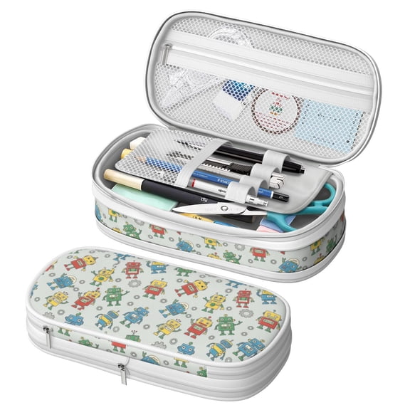 Robot and Gears Gray Pattern Large Capacity Double Layer Pencil Case, Stationery Storage Pouch Bag, 8.66"x4.13"x3.54"