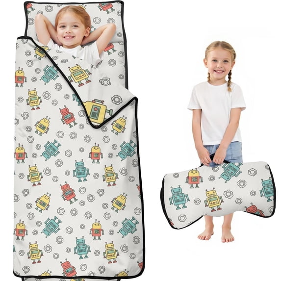 Robot and Gears Gray Pattern Teens Toddler Nap Mat with Pillow, Sleeping Mat Bag for Preschool Daycare 60"x20"