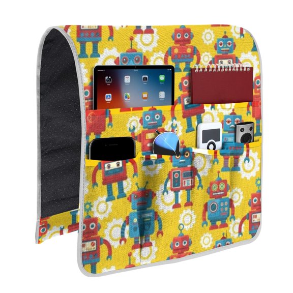 Robot and Gears Yellow Pattern Armrest Organizer, Chair Side Storage Bag with 6 Pockets, Anti-Slip Gifts for Home Organization Gift,13x35in(33x89cm)