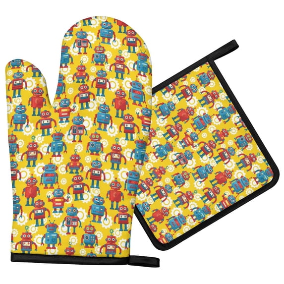 Loop Concert Robot and Gears Yellow Pattern Oven Mitt Pot Holder Set, Polyester BBQ ...