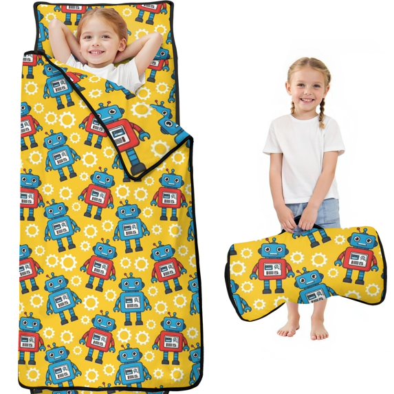 Robot and Gears Yellow Pattern Teens Toddler Nap Mat with Pillow, Sleeping Mat Bag for Preschool Daycare 60"x20"