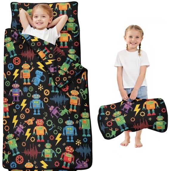 Robot and Lightning Black Pattern Teens Toddler Nap Mat with Pillow, Sleeping Mat Bag for Preschool Daycare 50"x20"