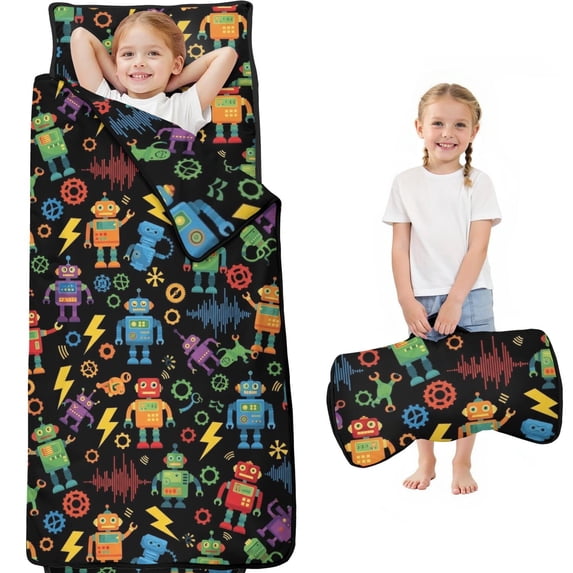 Robot and Lightning Black Pattern Teens Toddler Nap Mat with Pillow, Sleeping Mat Bag for Preschool Daycare 60"x20"