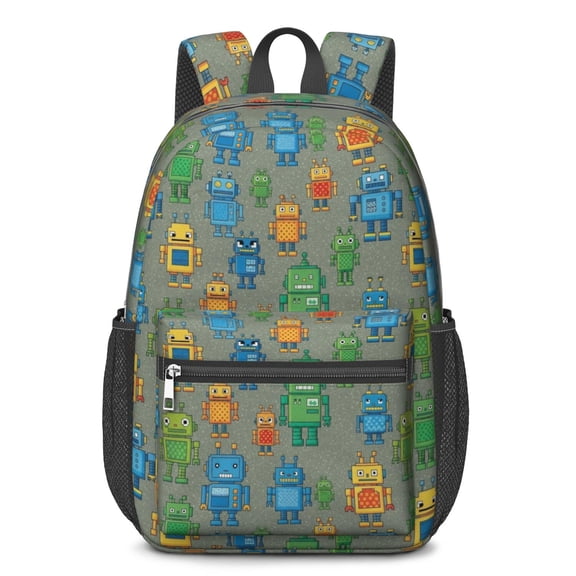 Robot and Minibots Gray Pattern 17" School Backpacks for Teens,Waterproof Oxford Fabric,S-Shape Padded Straps for School,Travel,Hiking,Camping