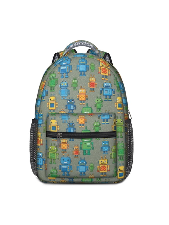 Robot and Minibots Gray Pattern Backpack for School, Cute School Bag with Adjustable Shoulder Straps and Padded Back, 15.3"x11"x6.7"
