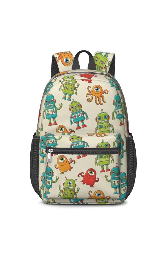 Robot and Octopuses Cream Pattern 17" School Backpacks for Teens,Waterproof Oxford Fabric,S-Shape Padded Straps for School,Travel,Hiking,Camping