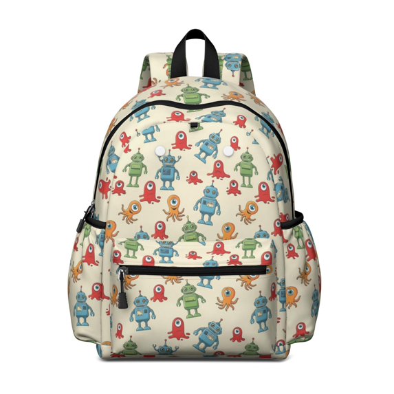 Robot and Octopuses Cream Pattern Cute School Backpack with Padded Back and Adjustable Shoulder Straps 13.4"x11"x4.7"