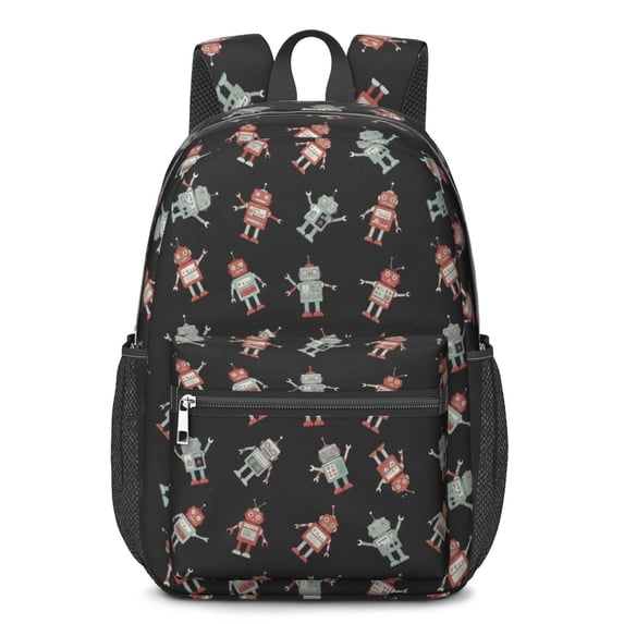 Robot and Robots Black Pattern 17" Waterproof Oxford School Backpacks for Teens, S-Shape Padded Straps, for School, Travel, Hiking, Camping