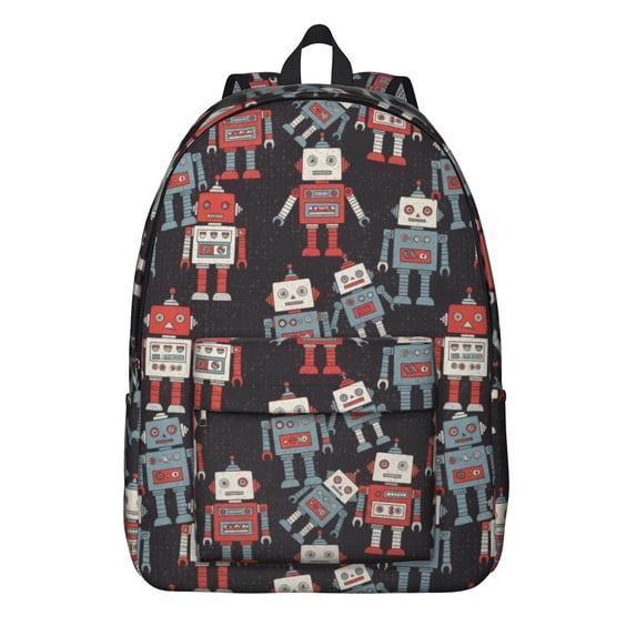 Robot and Robots Black Pattern Backpack for School, Cute School Bag with Adjustable Shoulder Straps and Padded Back, 15.7"x11.8"x5.5"