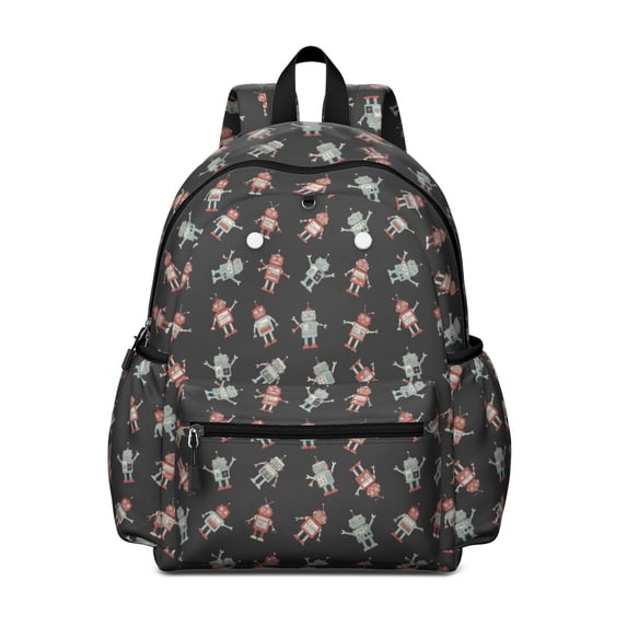 Robot and Robots Black Pattern Cute School Backpack with Padded Back and Adjustable Shoulder Straps 13.4"x11"x4.7"