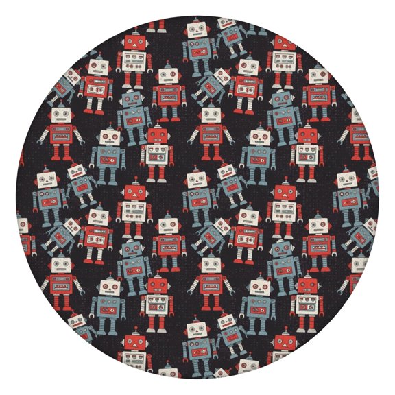 Robot and Robots Black Pattern Round Fitted Tablecloth with Elastic Edge, Waterproof Dining Table Cover for Indoor Outdoor Camping and Daily Use
