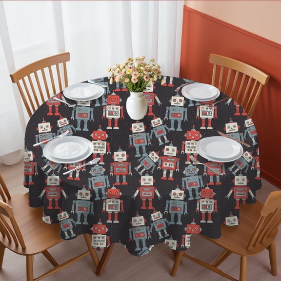 Robot and Robots Black Pattern Round Tablecloth 60"x60", Wrinkle Resistant Wipeable Table Cover for Kitchen Dining Room Picnic Patio and Party
