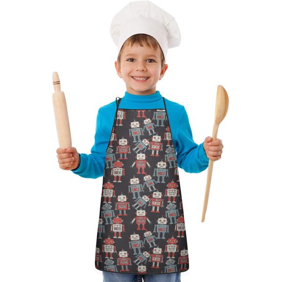 Robot and Robots Black Pattern Teens Aprons, Adjustable Neck Strap, Toddler & Teens Aprons for Cooking & Baking, 19x23.6 Inches