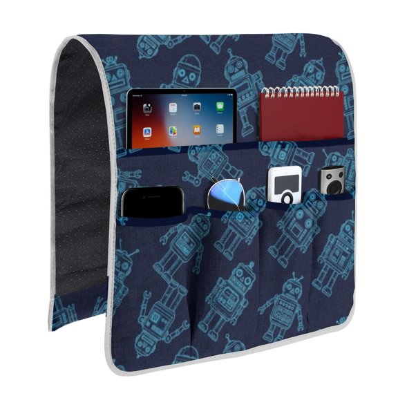 Robot and Robots Blue Pattern Armrest Organizer, Sofa Armrest Storage Caddy with 6 Pockets, Large Capacity Gifts for Family Friends,13x35in(33x89cm)