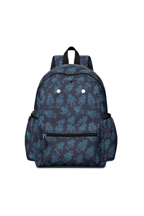 Robot and Robots Blue Pattern Backpack for School, Cute School Bag with Adjustable Shoulder Straps and Padded Back, 13.4"x11"x4.7"