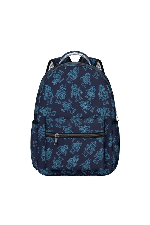Robot and Robots Blue Pattern Backpack for School, Cute School Bag with Adjustable Shoulder Straps and Padded Back, 15.3"x11"x7.1"