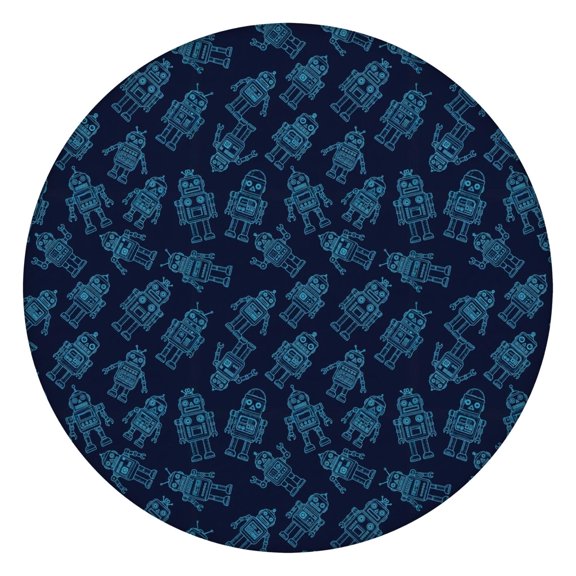 Robot and Robots Blue Pattern Round Fitted Tablecloth with Elastic Edge, Waterproof Dining Table Cover for Indoor Outdoor Camping and Daily Use