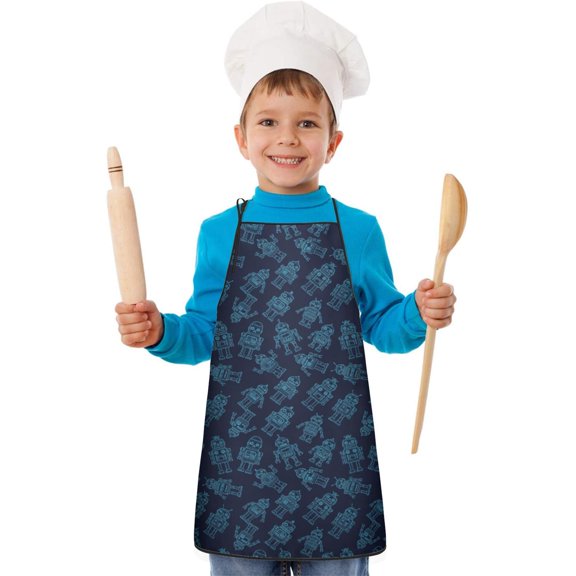 Robot and Robots Blue Pattern Teens Aprons, Adjustable Neck Strap, Toddler & Teens Aprons for Cooking & Baking, 19x23.6 Inches