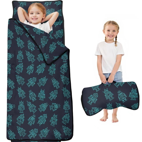 Robot and Robots Blue Pattern Teens Toddler Nap Mat with Pillow, Sleeping Mat Bag for Preschool Daycare 59"x22"