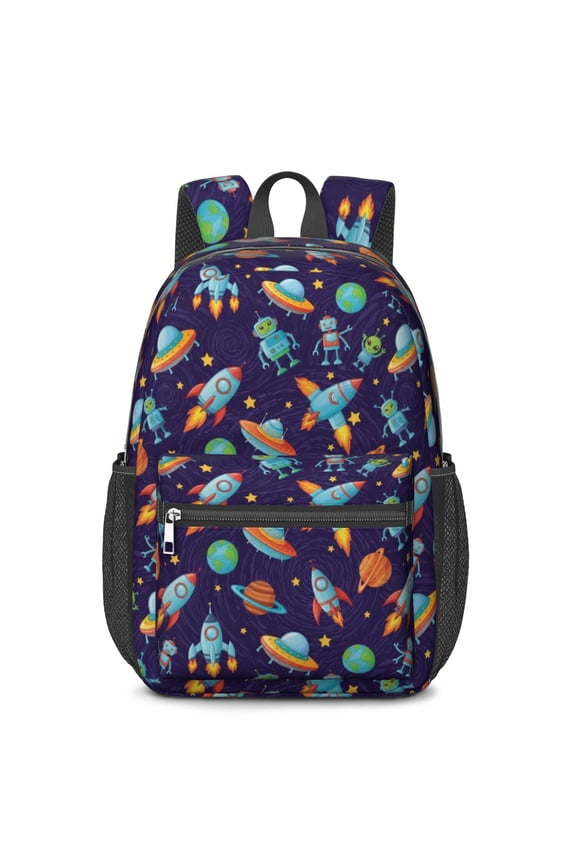 Robot and Rockets Blue Pattern 17" School Backpacks for Teens,Waterproof Oxford Fabric,S-Shape Padded Straps for School,Travel,Hiking,Camping