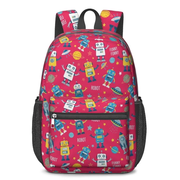 Robot and Rockets Red Pattern 17" Waterproof Oxford School Backpacks for Teens, S-Shape Padded Straps, for School, Travel, Hiking, Camping