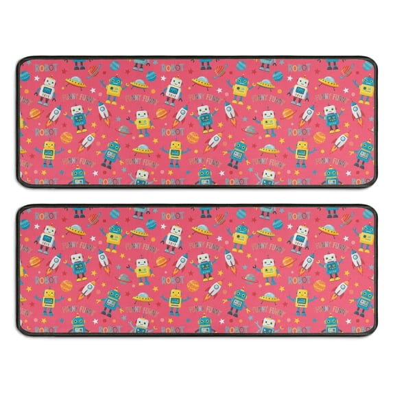 Robot and Rockets Red Pattern Anti Fatigue Kitchen Rugs Set Of 2, Non Slip Washable Decorative Floor Mats for Sink Laundry and Home Use, 17"x47"