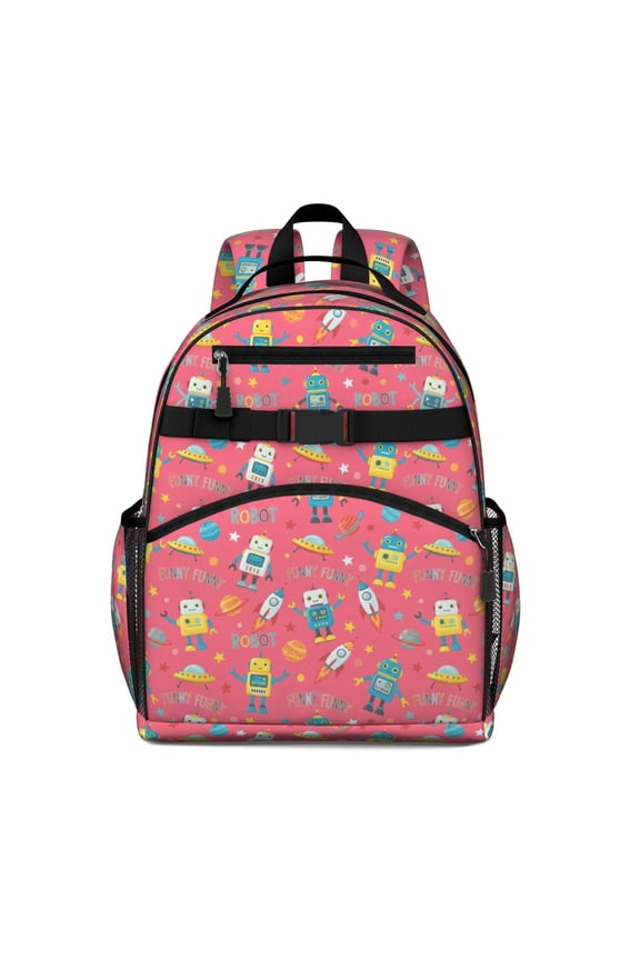 Robot and Rockets Red Pattern Backpack for School, Cute School Bag with Adjustable Shoulder Straps and Padded Back, 15.25"x11.5"x5.25"