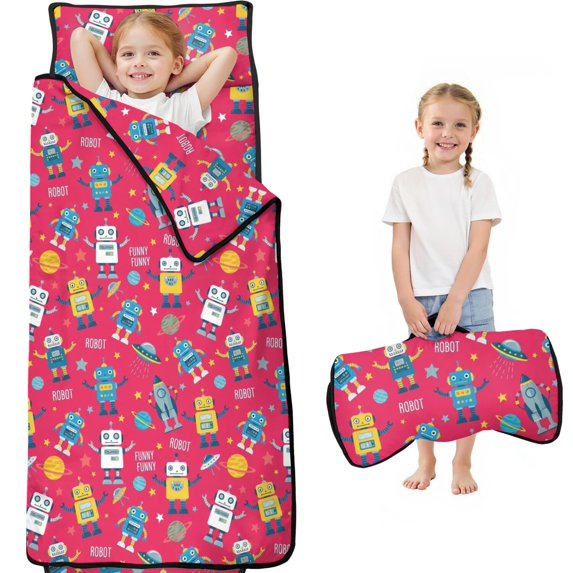 Robot and Rockets Red Pattern Teens Toddler Nap Mat with Pillow, Sleeping Mat Bag for Preschool Daycare 59"x22"