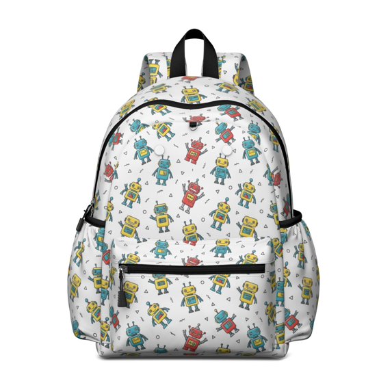 Robot and Shapes White Pattern Cute School Backpack with Padded Back and Adjustable Shoulder Straps 13.4"x11"x4.7"
