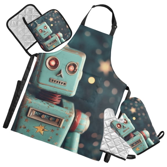 Robot and Star 5 Pcs Kitchen Set Heat Resistant Oven Mitts and Non-Slip Pot Holders with Adjustable Cooking Apron