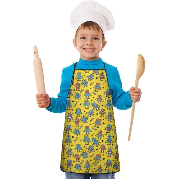 Robot and Stars Yellow Pattern Teens Aprons, Adjustable Neck Strap, Toddler & Teens Aprons for Cooking & Baking, 19x23.6 Inches