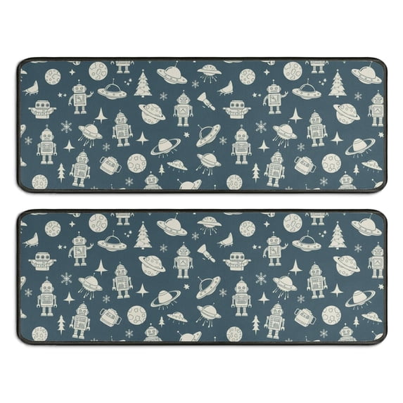 Robot and Ufos Blue Pattern Anti Fatigue Kitchen Rugs Set Of 2, Non Slip Washable Decorative Floor Mats for Sink Laundry and Home Use, 17"x47"