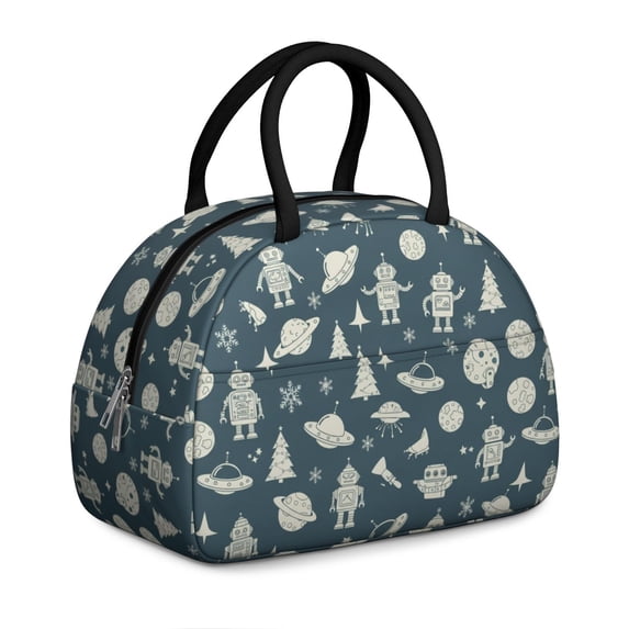 Robot and Ufos Blue Pattern Insulated Lunch Bag,Leakproof Large Capacity Lunch Box for Work,Picnic or Travel,11.4 X 6.7 X 8.3 Inches