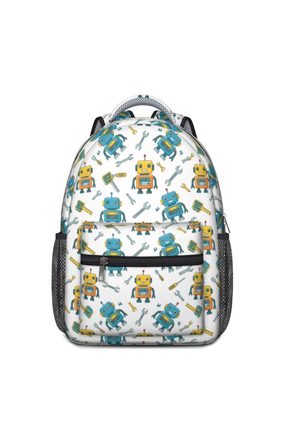 Robot and Wrenches White Pattern Backpack for School, Cute School Bag with Adjustable Shoulder Straps and Padded Back, 15.3"x11"x6.7"