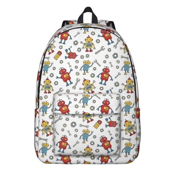 Robot and Wrenches White Pattern Backpack for School, Cute School Bag with Adjustable Shoulder Straps and Padded Back, 15.7"x11.8"x5.5"