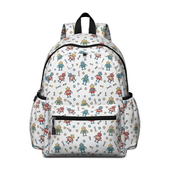 Robot and Wrenches White Pattern Cute School Backpack with Padded Back and Adjustable Shoulder Straps 13.4"x11"x4.7"