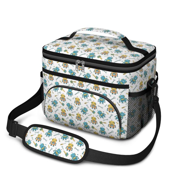Robot and Wrenches White Pattern Insulated Lunch Box for Women Men, Medium Leakproof Cooler Bag with Adjustable Strap, 10"x6.7"x8"