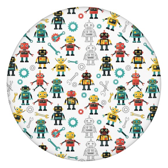 Robot and Wrenches White Pattern Round Fitted Tablecloth with Elastic Edge, Waterproof Dining Table Cover for Indoor Outdoor Camping and Daily Use
