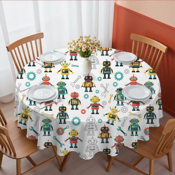 Robot and Wrenches White Pattern Round Tablecloth 60"x60", Wrinkle Resistant Wipeable Table Cover for Kitchen Dining Room Picnic Patio and Party