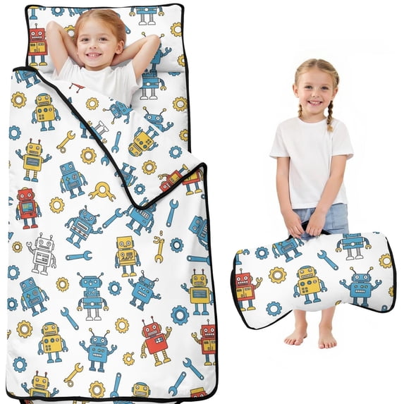 Robot and Wrenches White Pattern Teens Toddler Nap Mat with Pillow, Sleeping Mat Bag for Preschool Daycare 50"x20"
