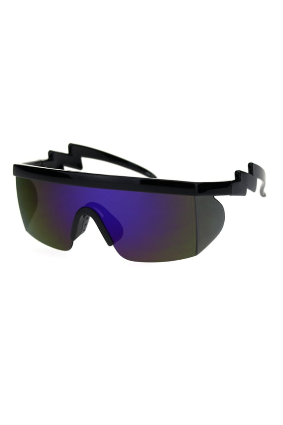 Robotic Flat Top Half Rim Lightening Bolt Arm Shield Sunglasses Black Blue Mirror