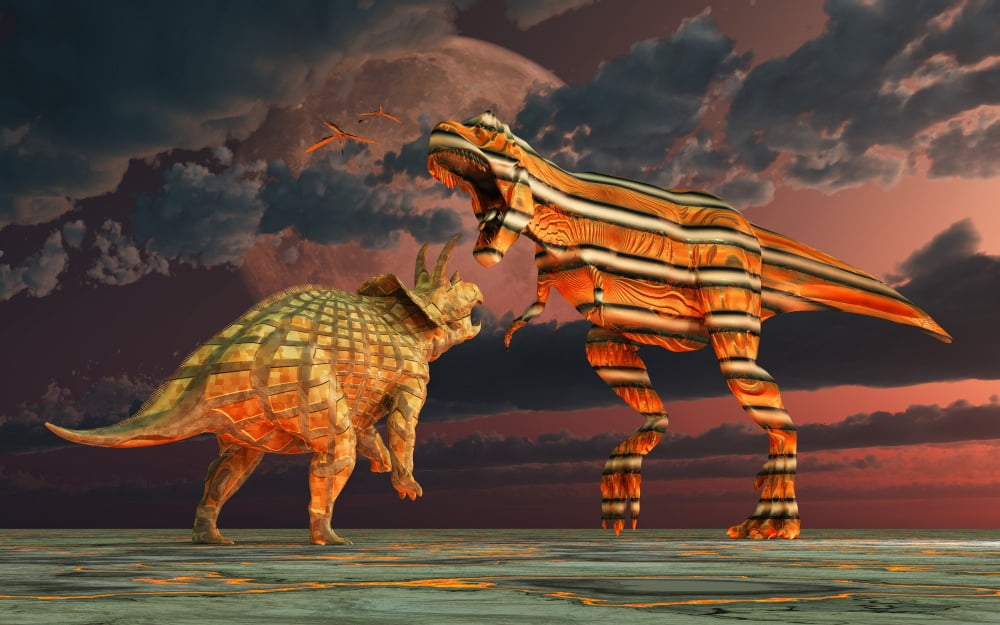 Robotic T Rex & Triceratops battle to the finish Canvas Art - Mark StevensonStocktrek Images (36 x 23)