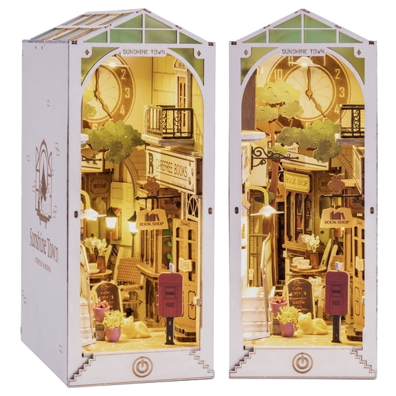 Robotime Sunshine Town DIY Book Nook Kit, Wooden 3D Puzzle Building Sets for Bookshelf Decor, Gifts for Adults Teens